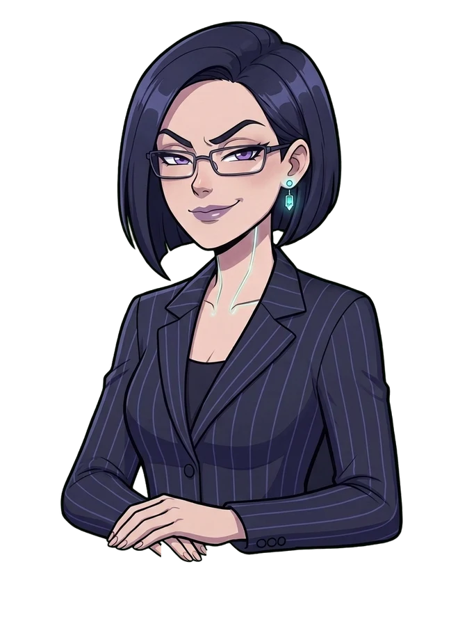 Iris, the show's dry, skeptical AI co-host, smirking knowingly